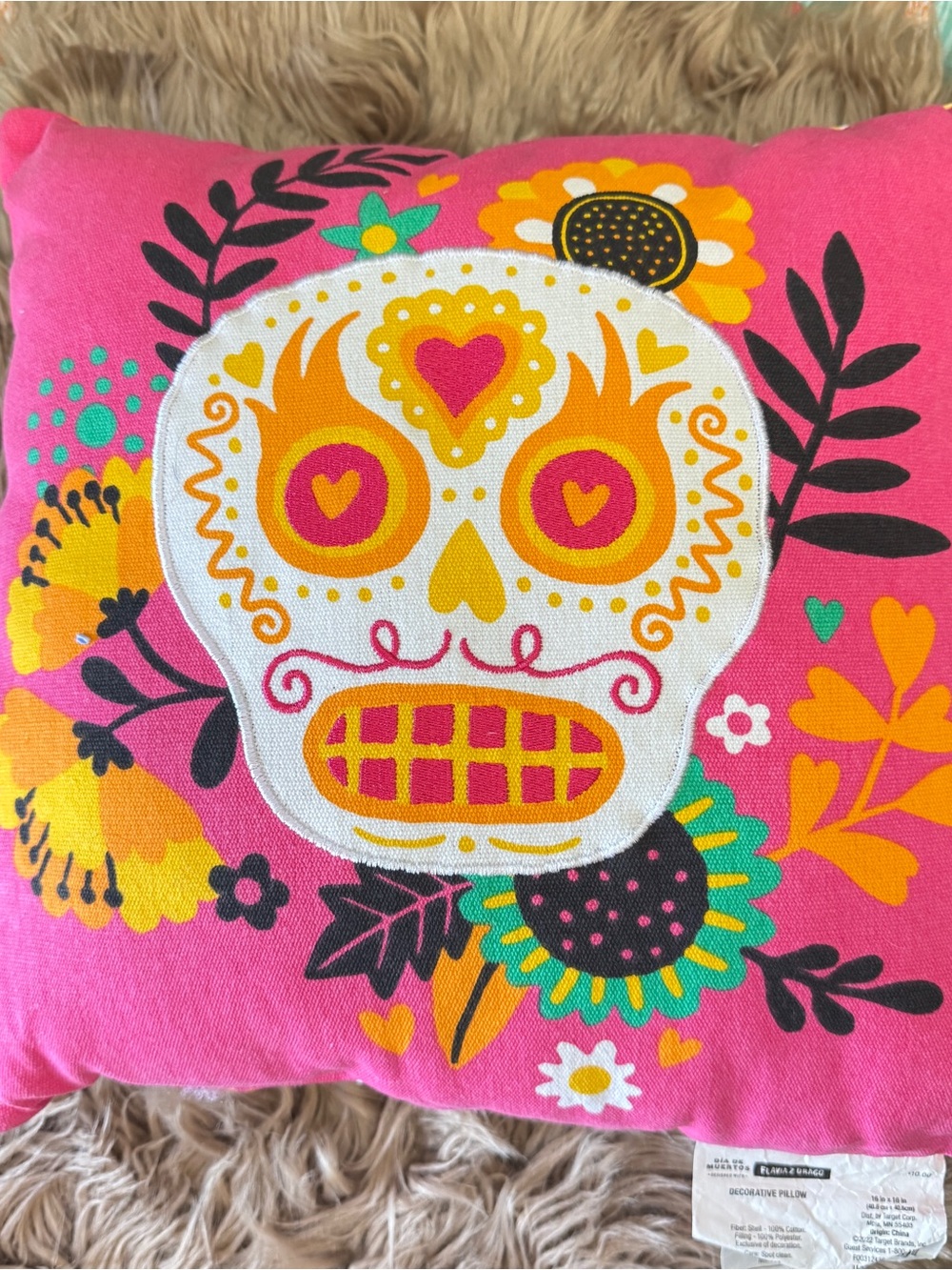 Día de Muertos Sugar skull decorative pillow designed by Flavia Z Drago 16”x 16”